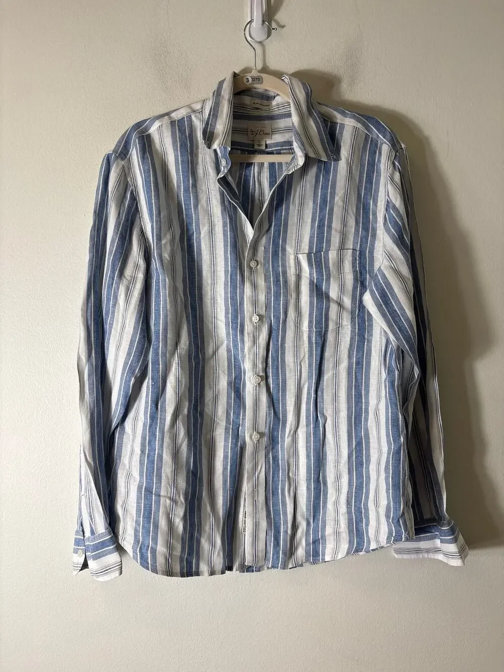 Men's J. Crew Blue White Stripe Long Sleeve Button Up Linen Shirt Sz L